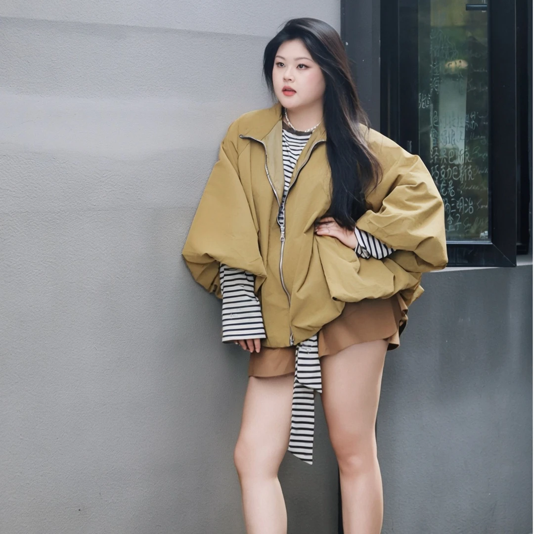 [姜花]秋季大码花苞廓形设计感遮肉外套时尚休闲松弛感