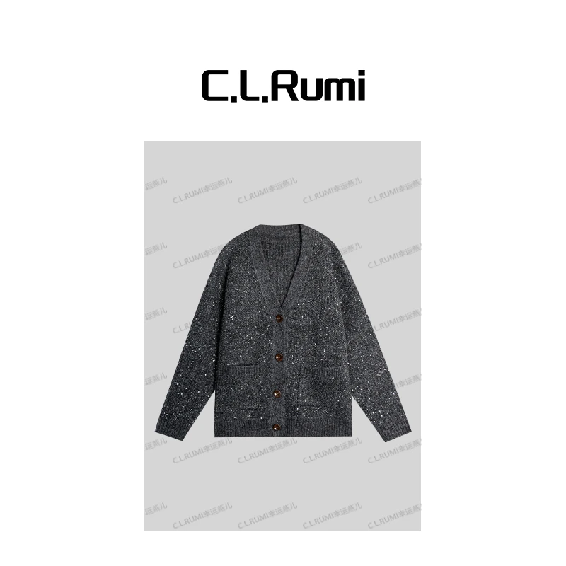 【Rumi小店】“满天星”25早秋高克重宽松气质嵌闪V领开衫上衣7085ks