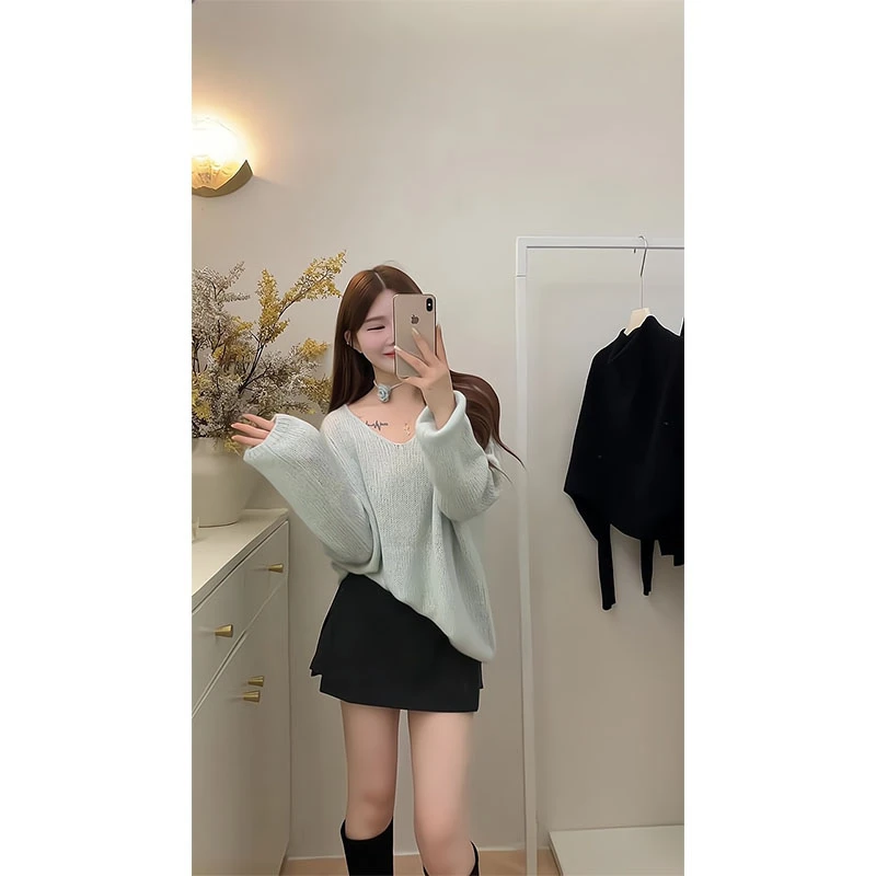 韩系慵懒风软糯糖果色套头宽松显瘦针织上衣高腰A字百搭半身裙