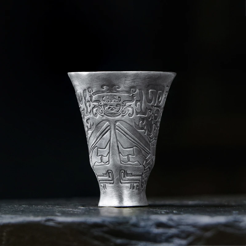 境秋客杯饕餮纹足银999镶嵌喝酒专用一体足银手工古杯