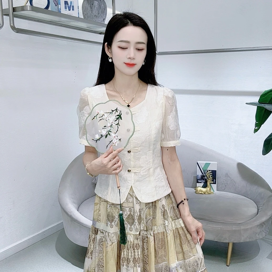 A8377-1夏季新中式复古盘扣衬衫遮肉减龄清新洋气百搭显瘦上衣