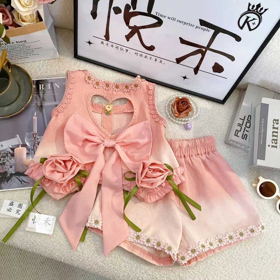 SD女孩牛仔套装甜美夏季新款女宝韩版洋气无袖儿童套装80741