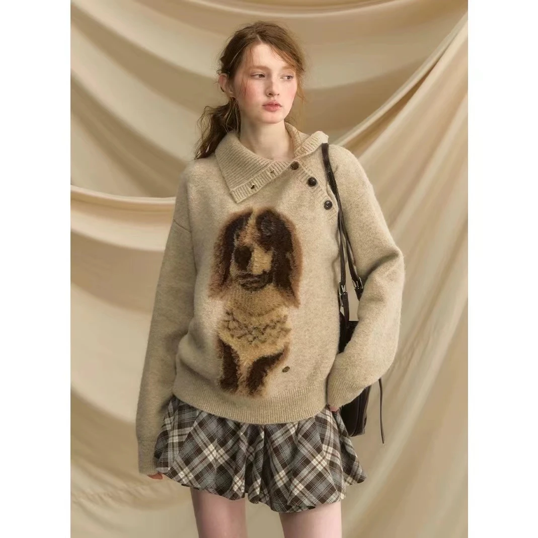 秋冬新款法式复古小狗图案套头毛衣女宽松慵懒风休闲时尚针织衫厚