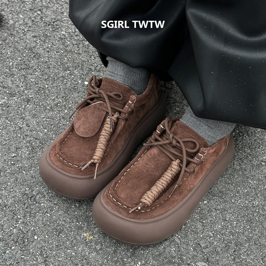 SGIRL TWTW2025年秋季新款真皮厚底防滑系带大头松糕鞋面包鞋女鞋
