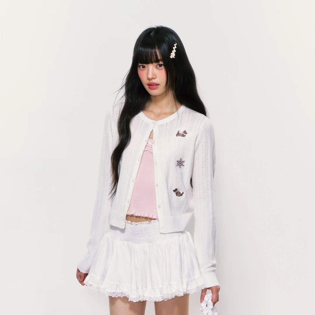 WEEKEND HUB狗狗绣花针织开衫2025秋韩系穿搭外搭镂空上衣外套女