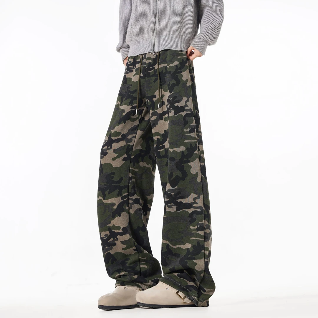 美式复古重磅秋装美式复古迷彩裤男水洗宽松直筒休闲裤情侣卫裤潮