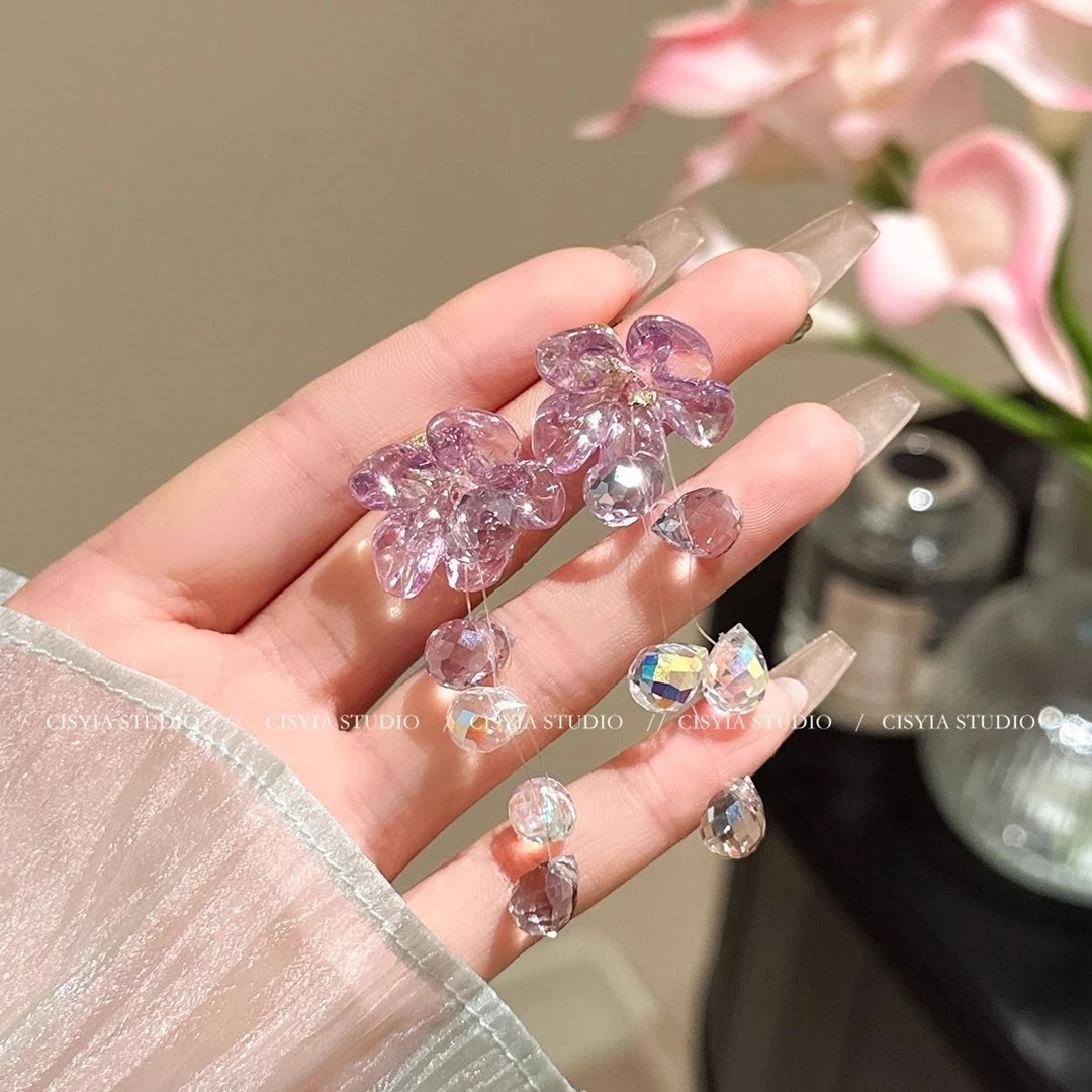 合金仿水晶耳饰 春夏彩色多巴胺花朵水滴流苏耳环女轻奢气质K0090