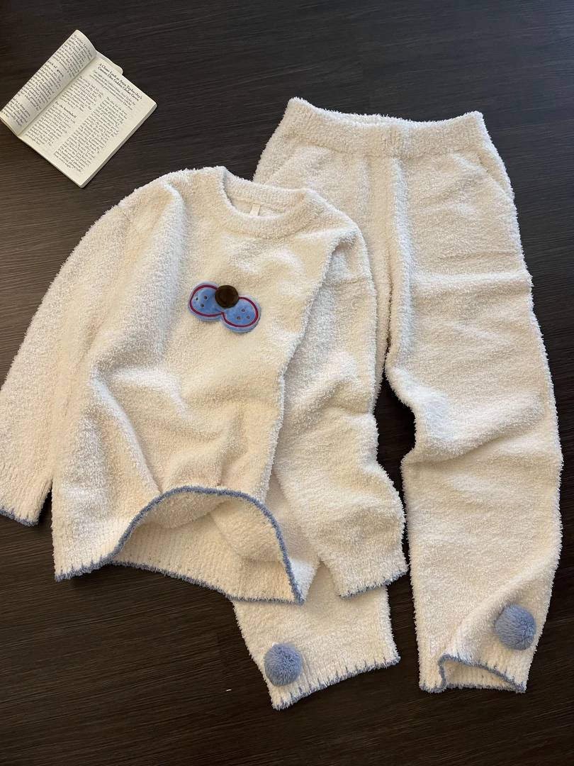 可爱卡通酷猫半边绒睡衣女秋冬新款大码保暖舒适家居服套装可外穿