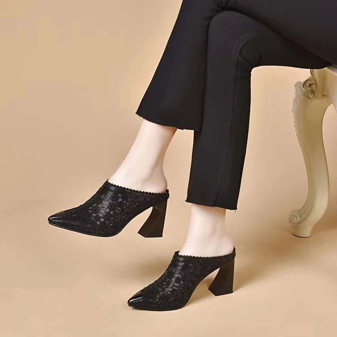 2025舒适百搭粗跟透气镂空网纱女鞋