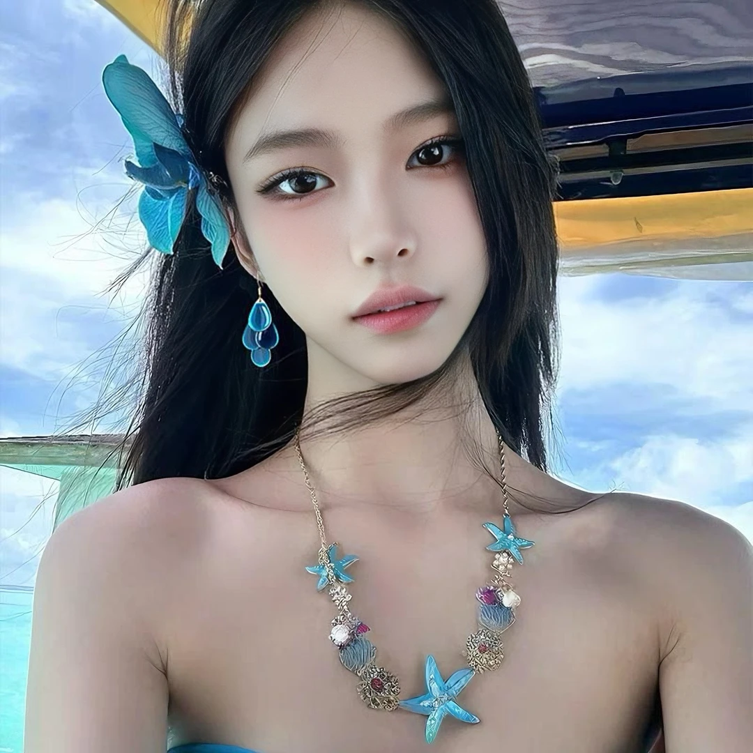 铜合金项链 小众蓝色海星贝壳项链女海边度假风颈链氛围感拍照ins