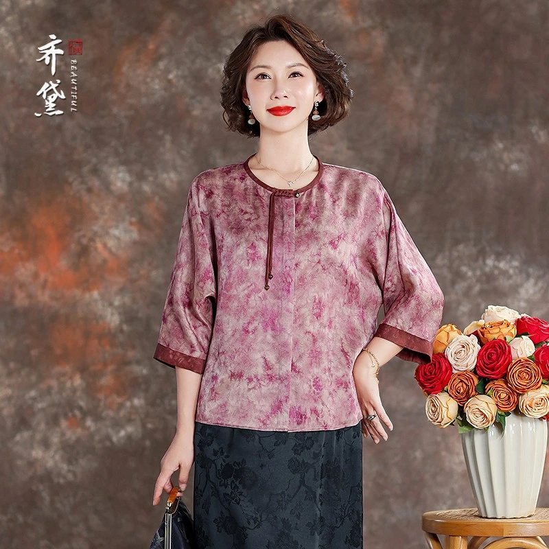 齐黛新中式香云纱上衣女2025新款五分袖复古盘扣流苏妈妈真丝衬衫