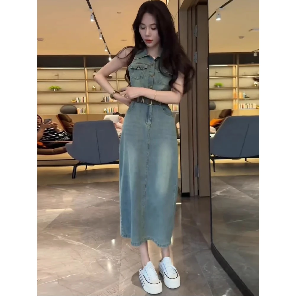 2025新款夏季设计感翻领美式复古无袖牛仔连衣裙法式小个子长裙子