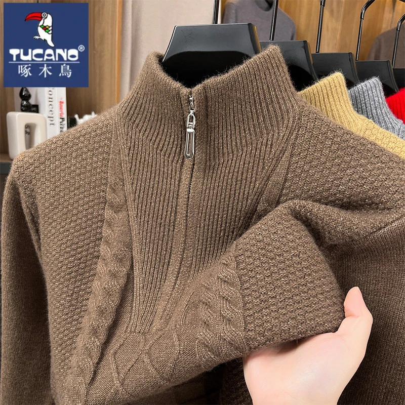 啄木鸟秋冬季纯色绞花条痕立领毛衣加厚保暖男士休闲时尚打底上衣