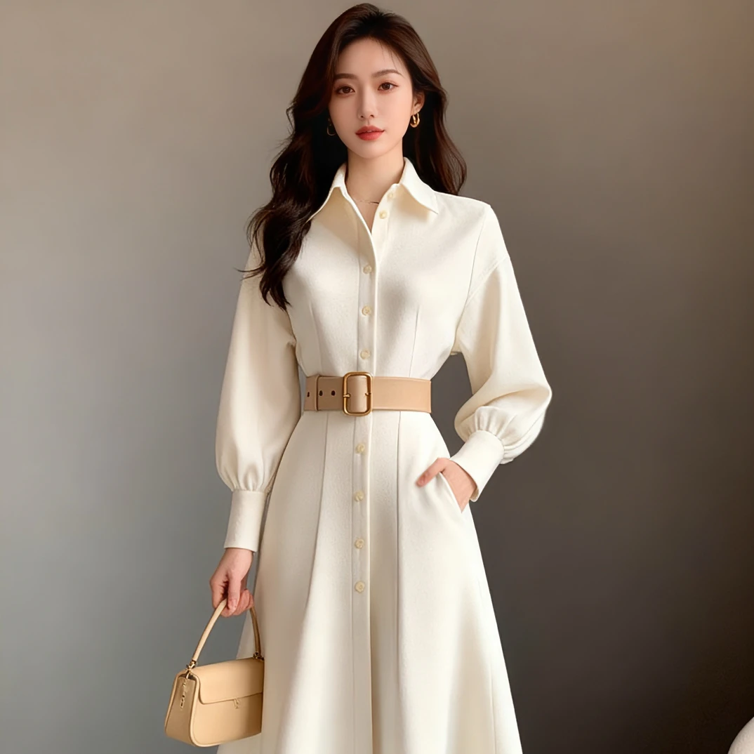高级感大气时髦通勤风白色连衣裙韩版秋冬新款收腰显瘦衬衫A字裙