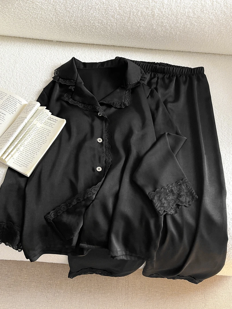 【高级黑蕾丝】法式花边长袖睡衣女春秋新款女士缎面冰丝家居服套装