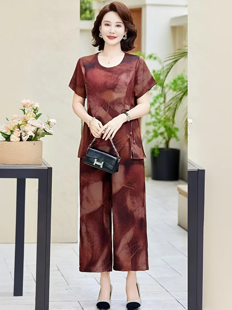 10075-气质妈妈洋气女装夏装短袖宽松新款中老年套装【B一6一1一4】