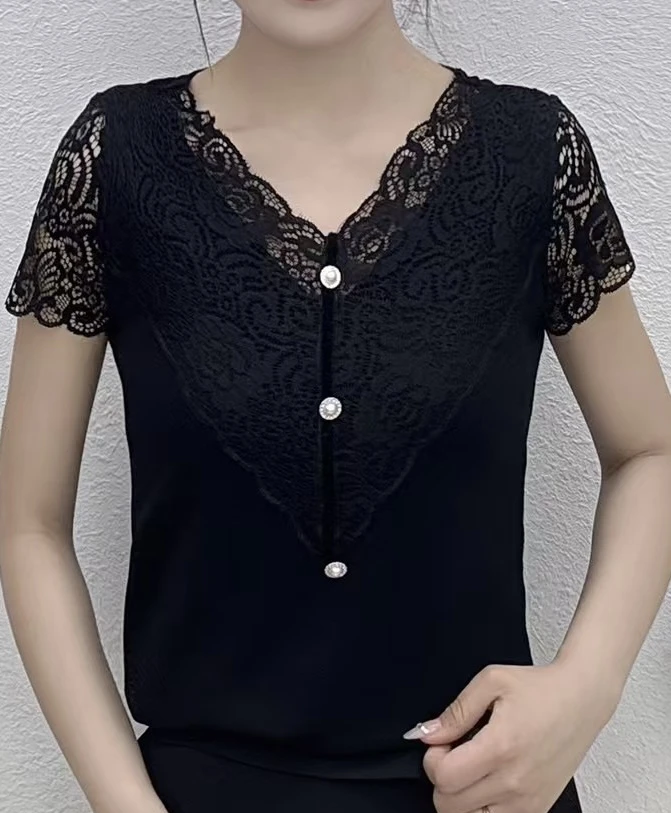 软蕾丝V领棉内搭透气亲肤柔软舒服显瘦百搭半袖时尚坎袖上衣女新