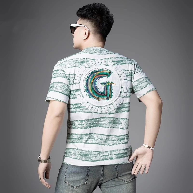 NDSL轻奢欧货潮牌印花短袖字母夏季新款条纹品质感痞帅休闲T恤