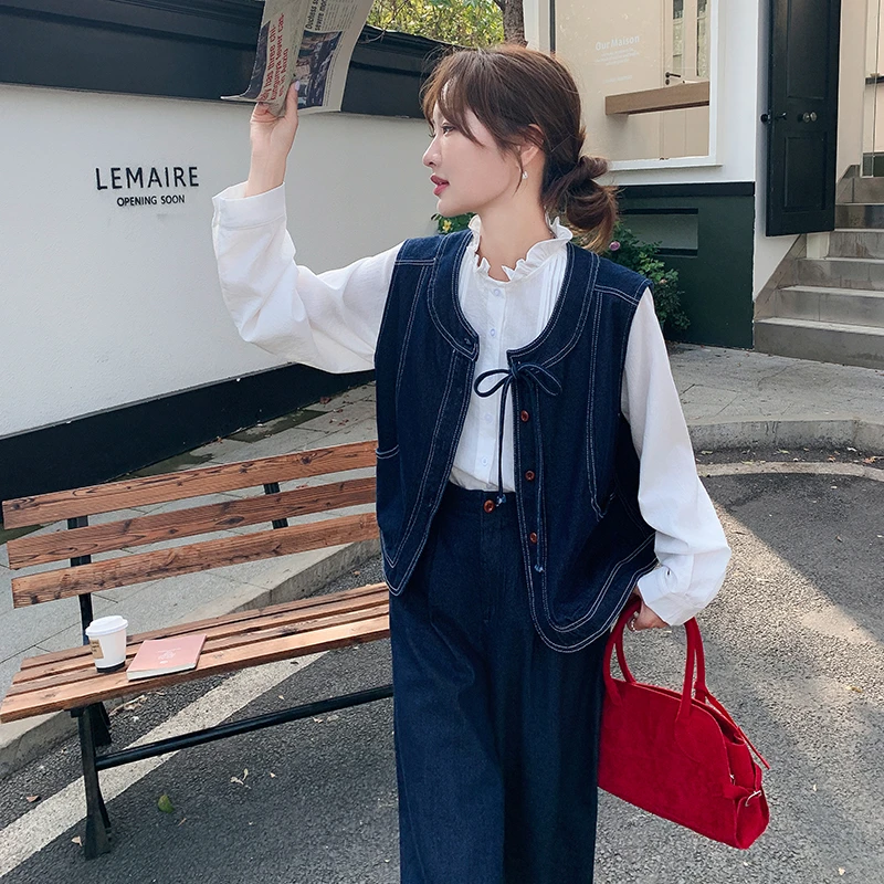 休闲牛仔马甲显瘦阔腿裤套装女春秋2025新款两件套ootd穿搭超好看