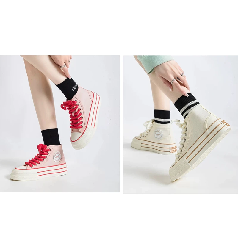 薄款高帮帆布小白鞋女2025夏季系带百搭休闲厚底学生韩版日系板鞋