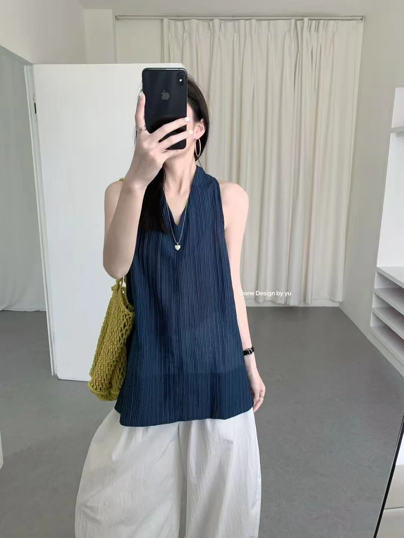 夏季宽松灰蓝丝麻背心简约舒适气质必备上衣女背心吊带