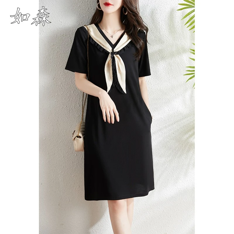 时尚气质系带V领连衣裙女夏季2025新款宽松胖mm遮肉显瘦休闲T恤裙