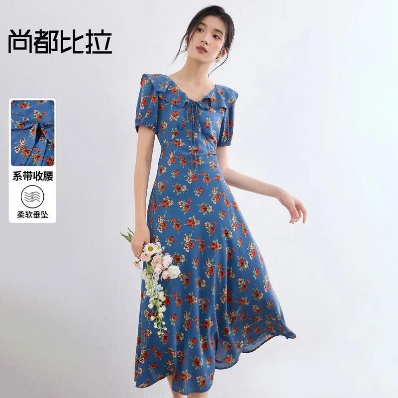 尚都比拉【碎花裙】浪漫度假荷叶边V领系带玫瑰印花茶歇连衣裙O3364