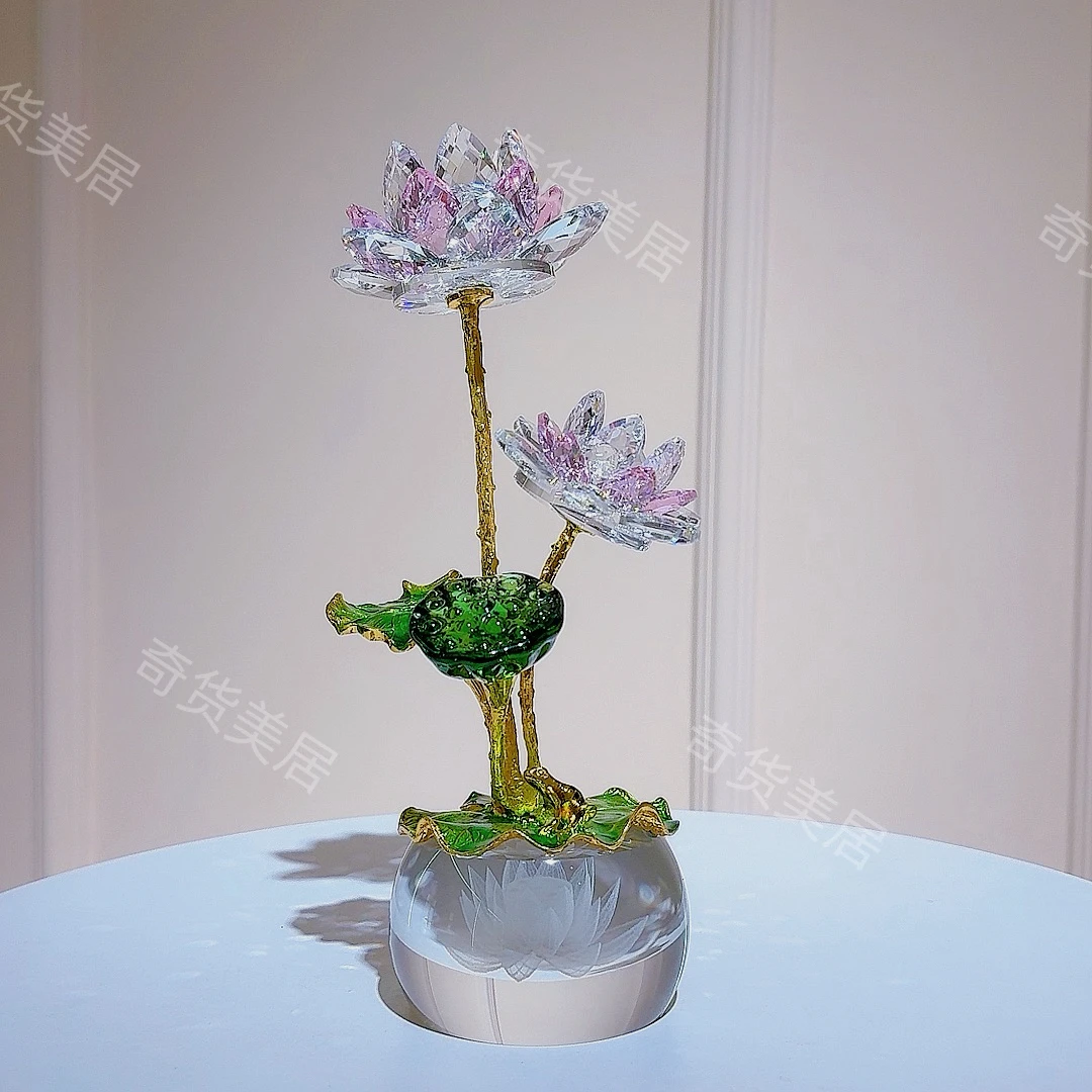 新款升级版内雕水晶双头荷花莲花摆件{高23cm}