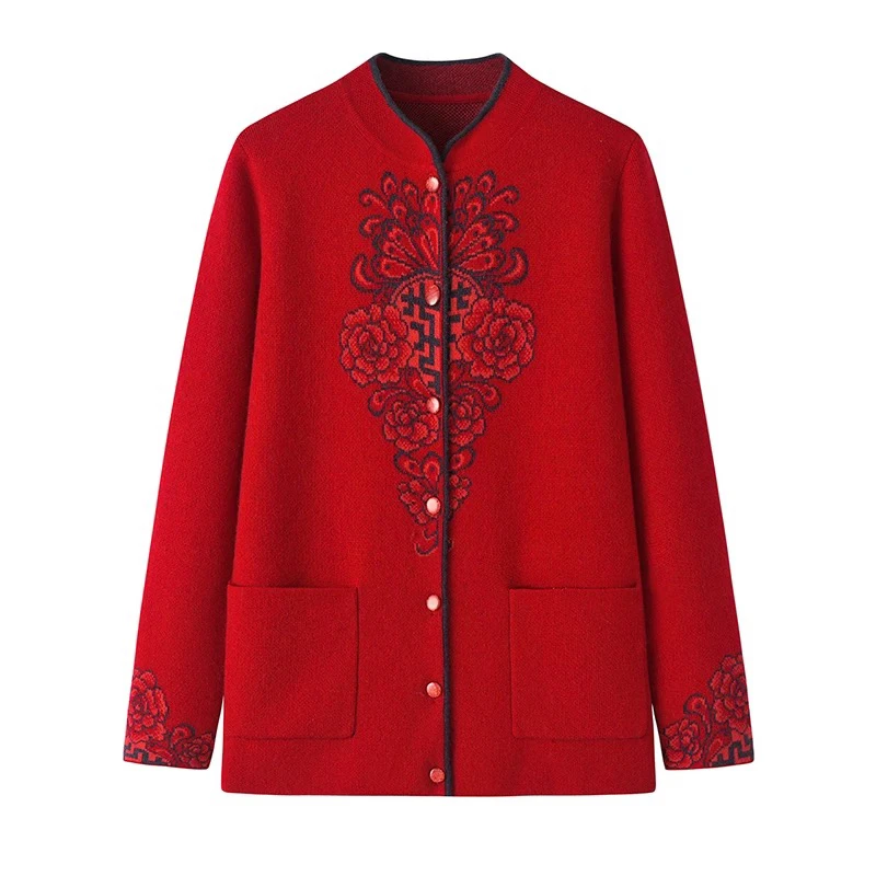 秋冬新款中老年妈妈中式领宽松大码加厚羊毛针织开衫毛