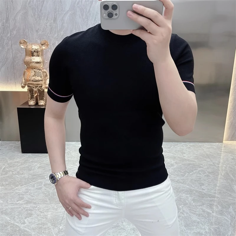 2025欧货轻奢男士针织冰丝短袖T恤印花时尚百搭夏季半袖上衣25238