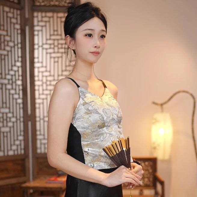 丝年.凤尾花｜新中式国风时尚百搭高端重磅暗纹提花吊带-5229