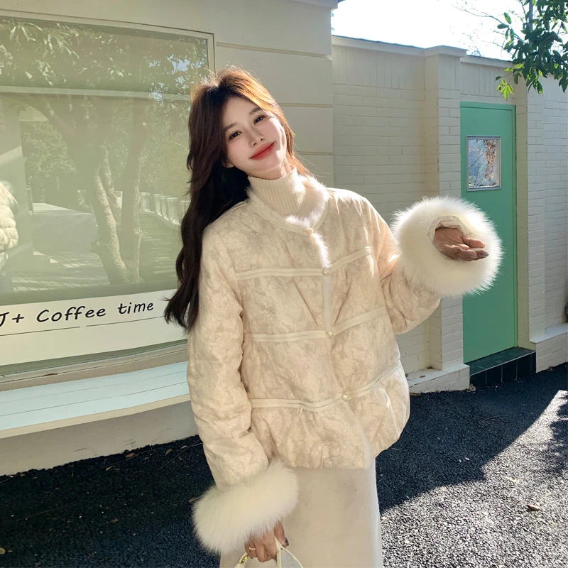 复古轻奢新中式羽绒服2025冬季新款氛围感千金风毛绒拼接国风外套