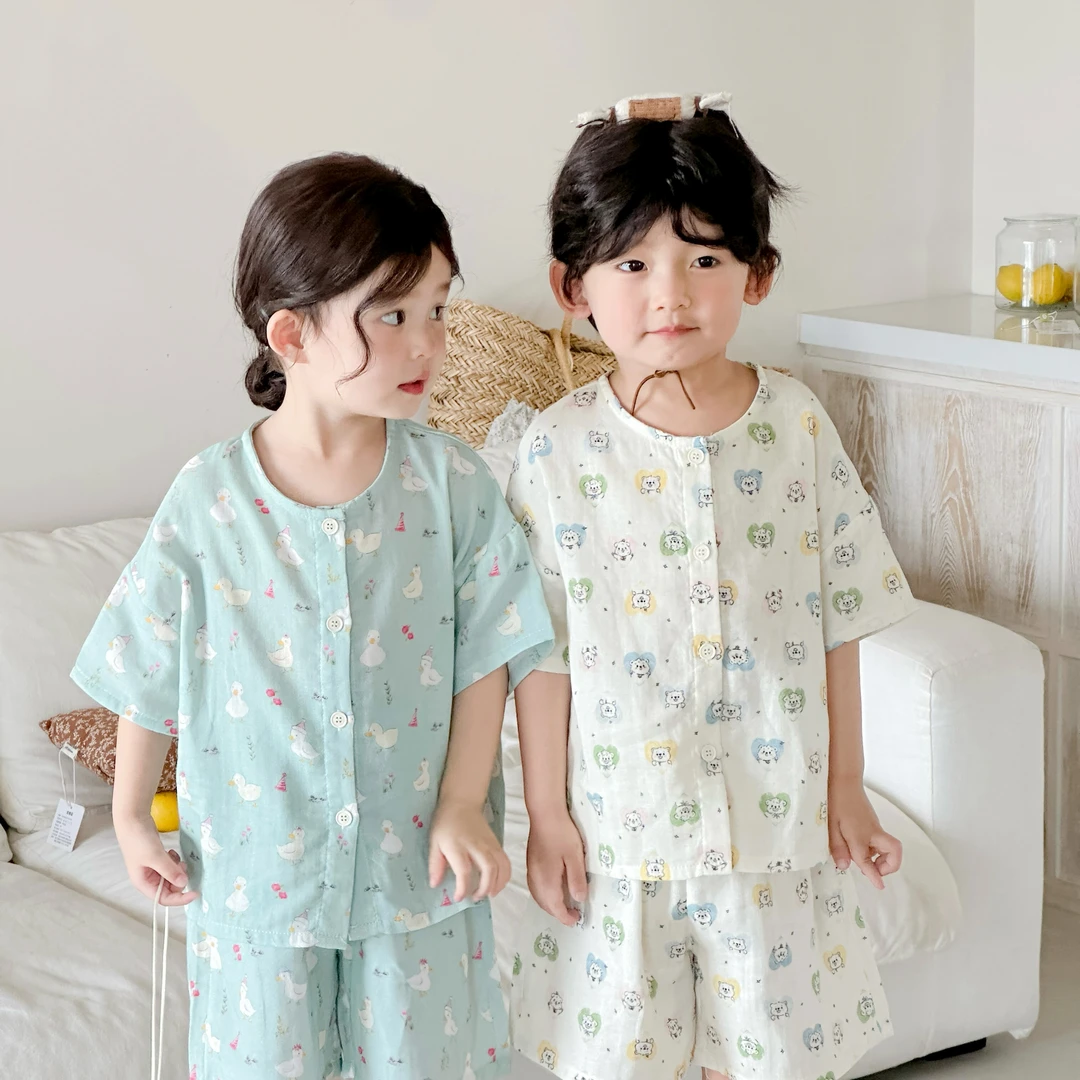 儿童家居服套装夏季中小童棉纱卡通圆领睡衣男女宝宝宽松两件套薄