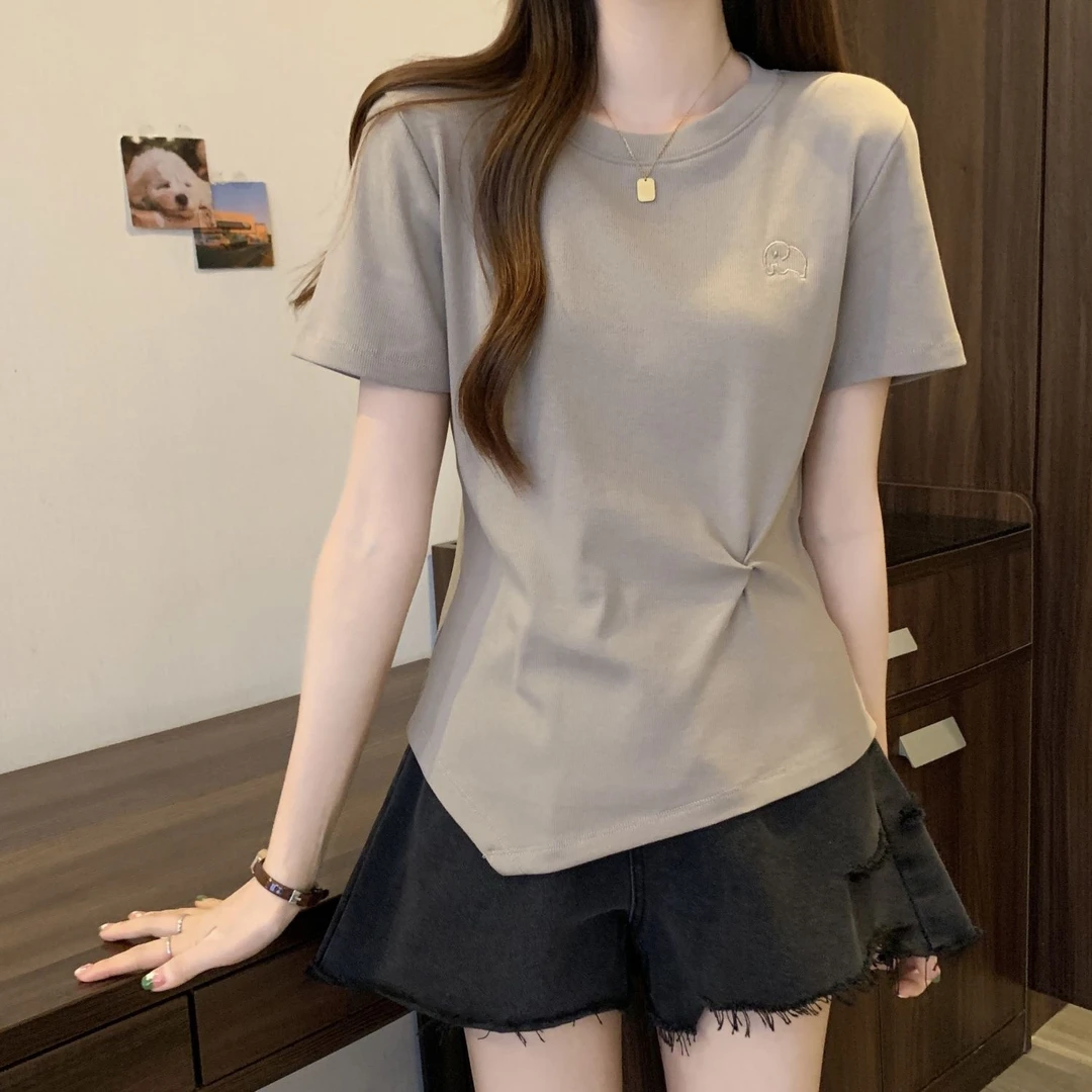 夏季新款正肩显瘦短袖T恤女上衣胖mm大码设计感洋气体恤上衣时尚
