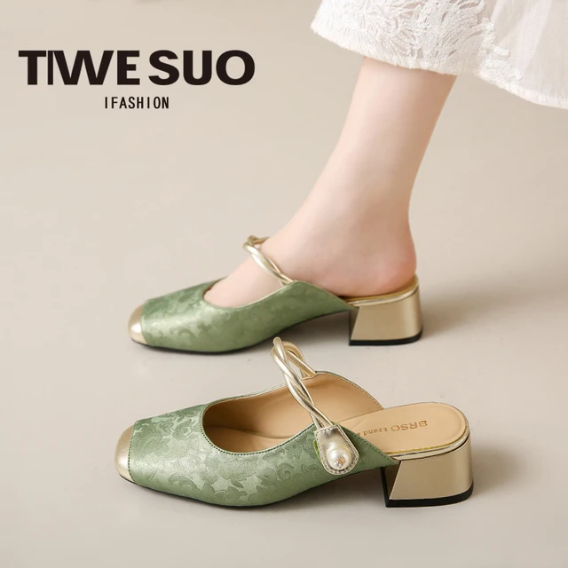 包头半拖鞋女夏季外穿2025新款时尚新中式国风懒人一脚蹬粗跟凉鞋