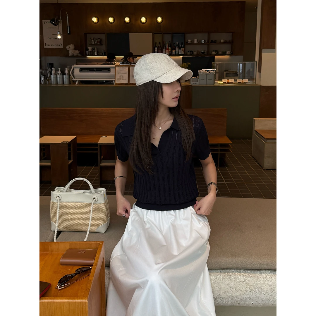 【亭霞向晚】“100%莱塞尔天丝”镂空透气老钱风POLO衫短袖T恤21579