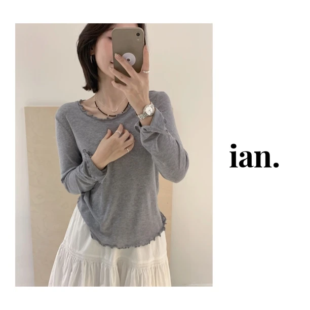 【ian】韩系圆领百搭木耳边长袖打底T恤女上衣