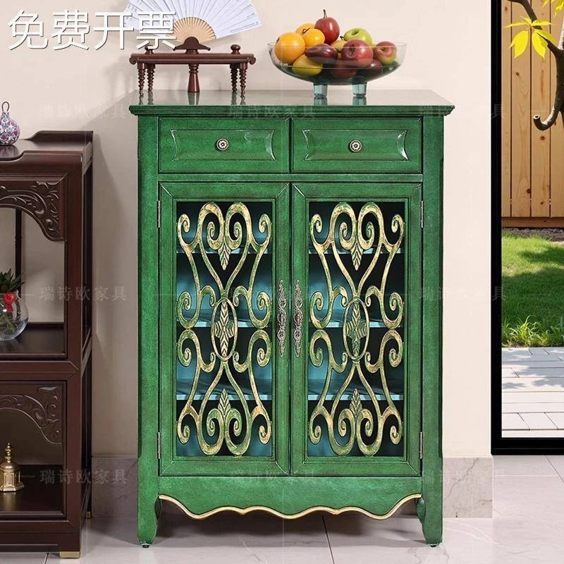 美式乡村玄关柜实木复古绿客厅储物柜收纳柜餐边柜入户门多层鞋柜
