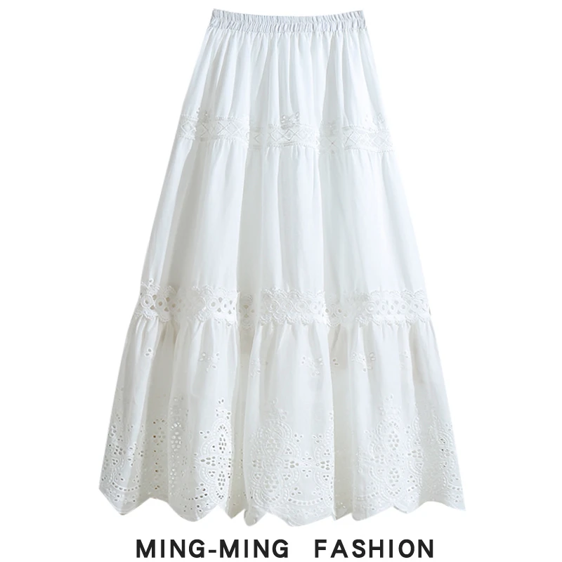 白色镂空花边拼接半身裙女夏季2025新款高腰显瘦中长款大摆A字裙