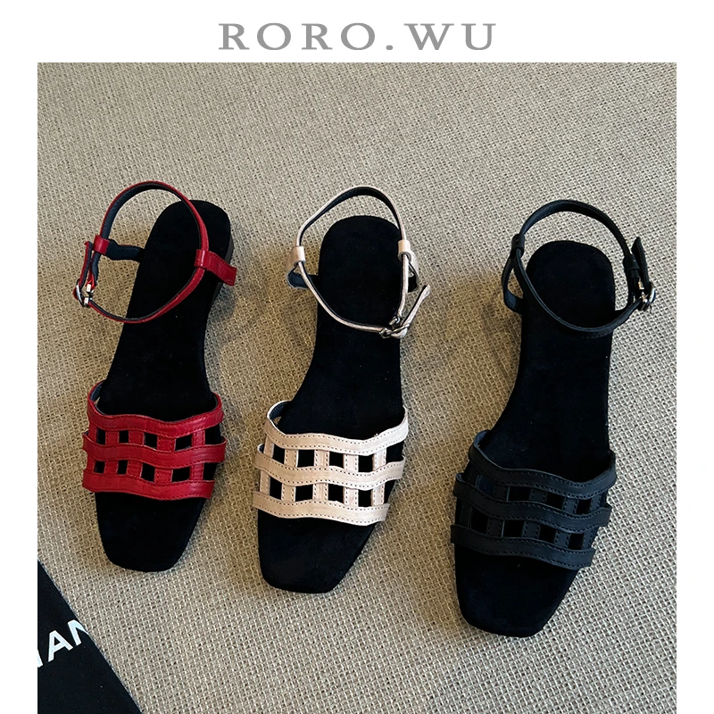 娆娆吴·水洗牛皮夏季新款时尚网格镂空扣带方头中跟凉鞋A10