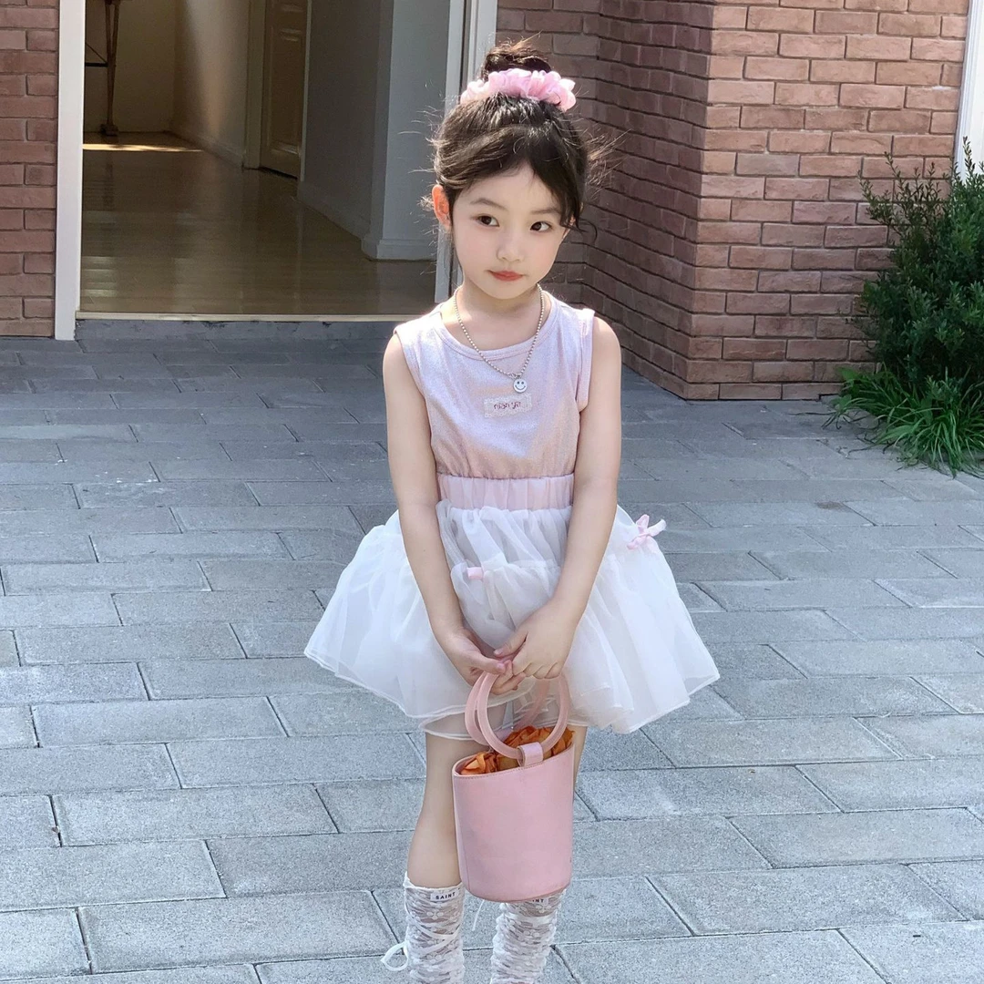 《小思家》女童2025夏季新款韩版甜美百搭粉撒银背心软纱蛋糕裙套装