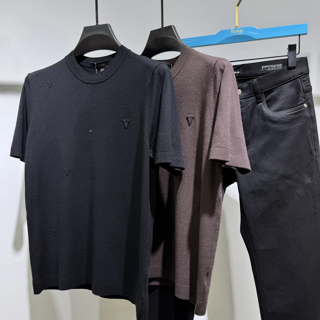 赫兰欧 男士轻奢烫钻针织短袖 85519