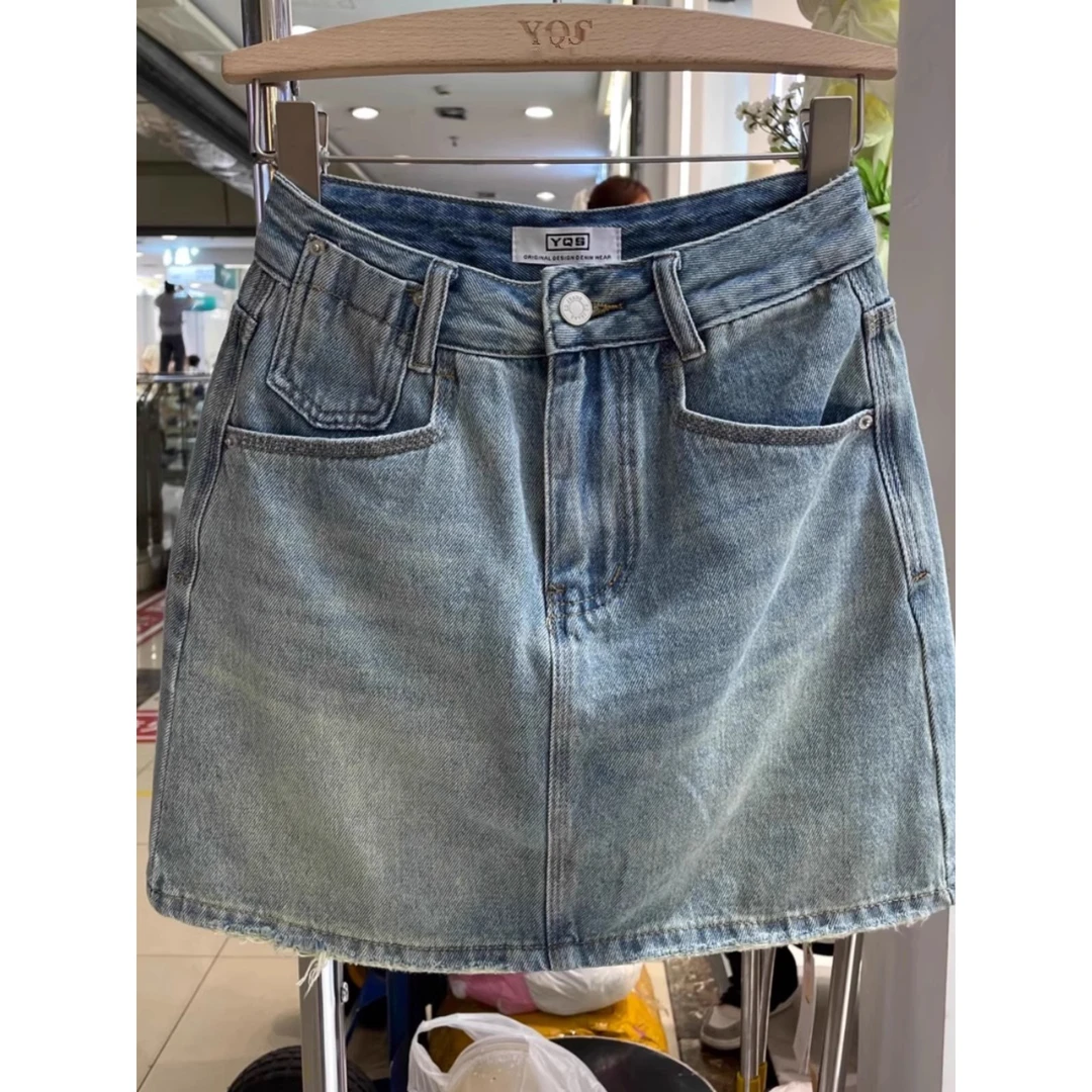 美式复古牛仔短裙女夏季新款小个子高腰显瘦防走光A字包臀半身裙