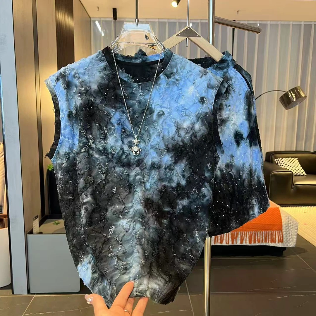 无袖男短裤夏季扎染休闲运动套装满印半袖国潮新风男士夏装套装