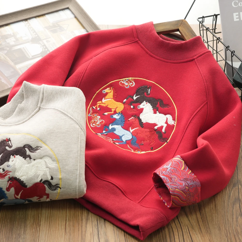 休闲马年刺绣冬季款加绒圆领卫衣男童中大童百搭上衣保暖25239