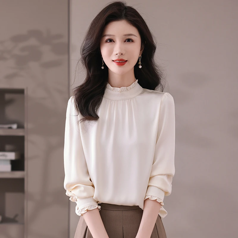 杭州缎面重磅真丝衬衫女长袖时尚立领桑蚕丝衬衣春秋气质百搭上衣