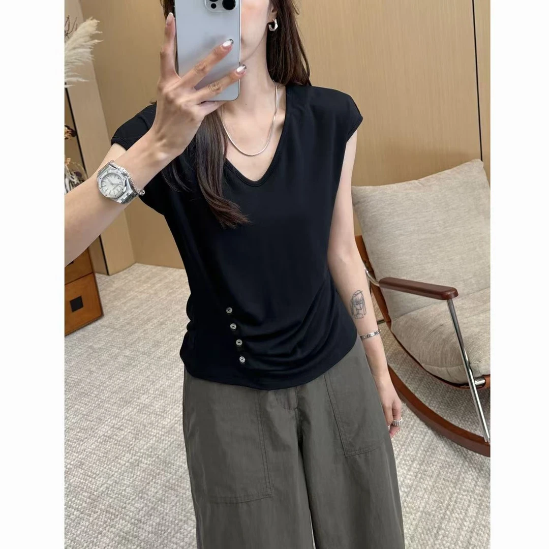 小静静一会【四扣捏褶上衣】2025夏款设计感显瘦短袖 2506C3578