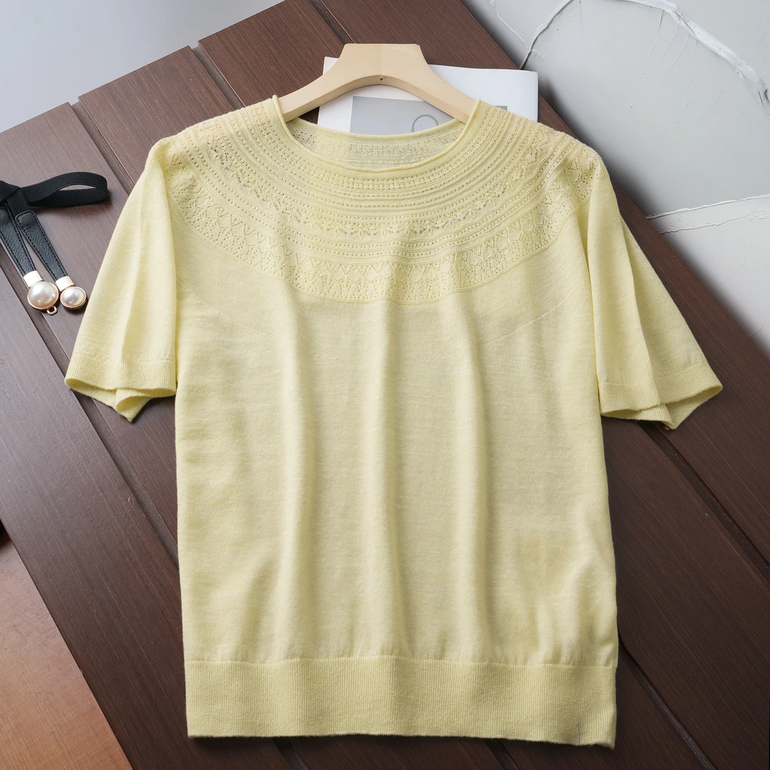 【全新纱线】. 扬子纱+亚麻 重工镂空花纹卷边圆领五分袖 YX5L25033