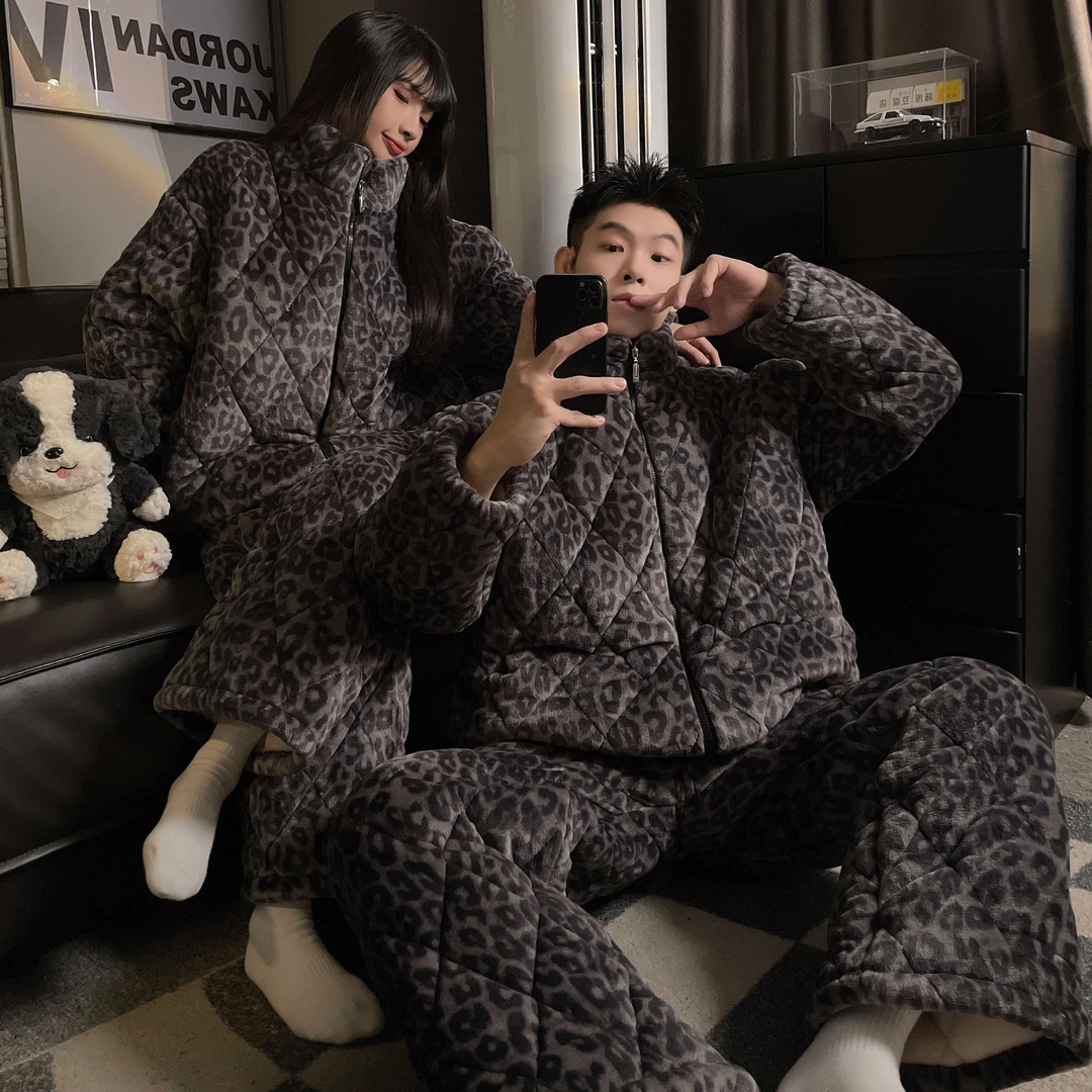 豹纹情侣睡衣女冬季三层夹棉珊瑚绒冬天加绒加厚法兰绒男士家居服