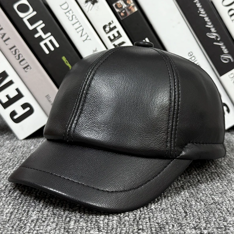 羊皮棒球帽男士短帽檐真皮鸭舌帽户外休闲全封口皮帽子中老年春秋
